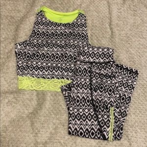 Neon Lace Pockets Black Crop Athletic Yoga Set